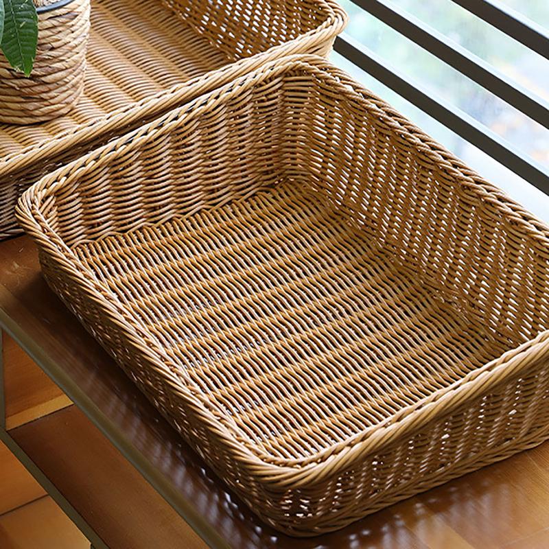 Hand-Woven Rectangular Rattan Wicker Basket Fruit Tea Snack Bread Picnic Cosmetic Picnic Basket Kitchen Storage Basket