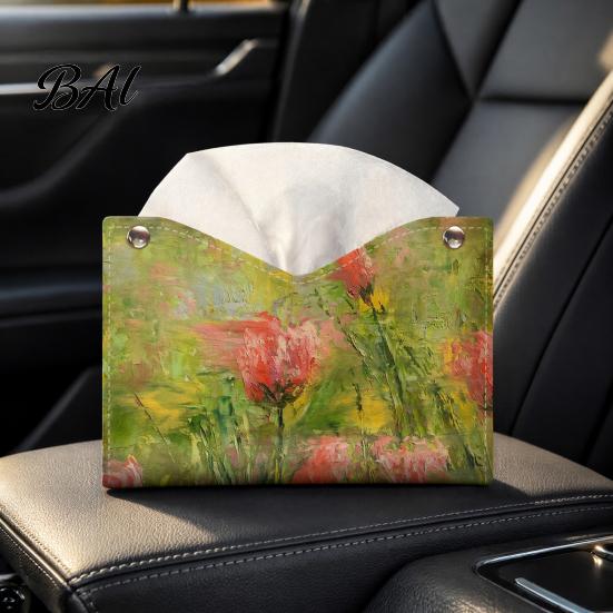 Kitchen Paper Organizer Leather Tissue Box Cover with Oil Painting Pattern, Foldable Desktop Organizer, Napkin Holder Sturdy Case, Facial Dispenser,