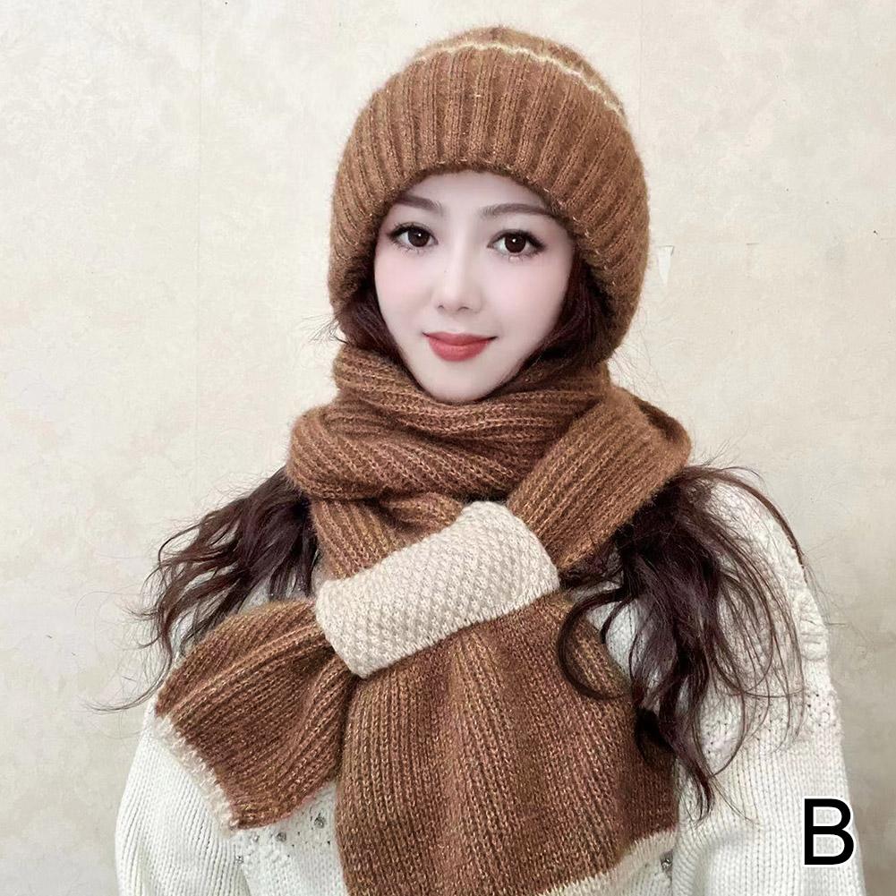 Knitted Snow Hat Integrated Ear Protection Windproof Cap Scarf Neck Warmer Cross Cycling Balaclavas Hat Soft Thicken Outdoor Cap