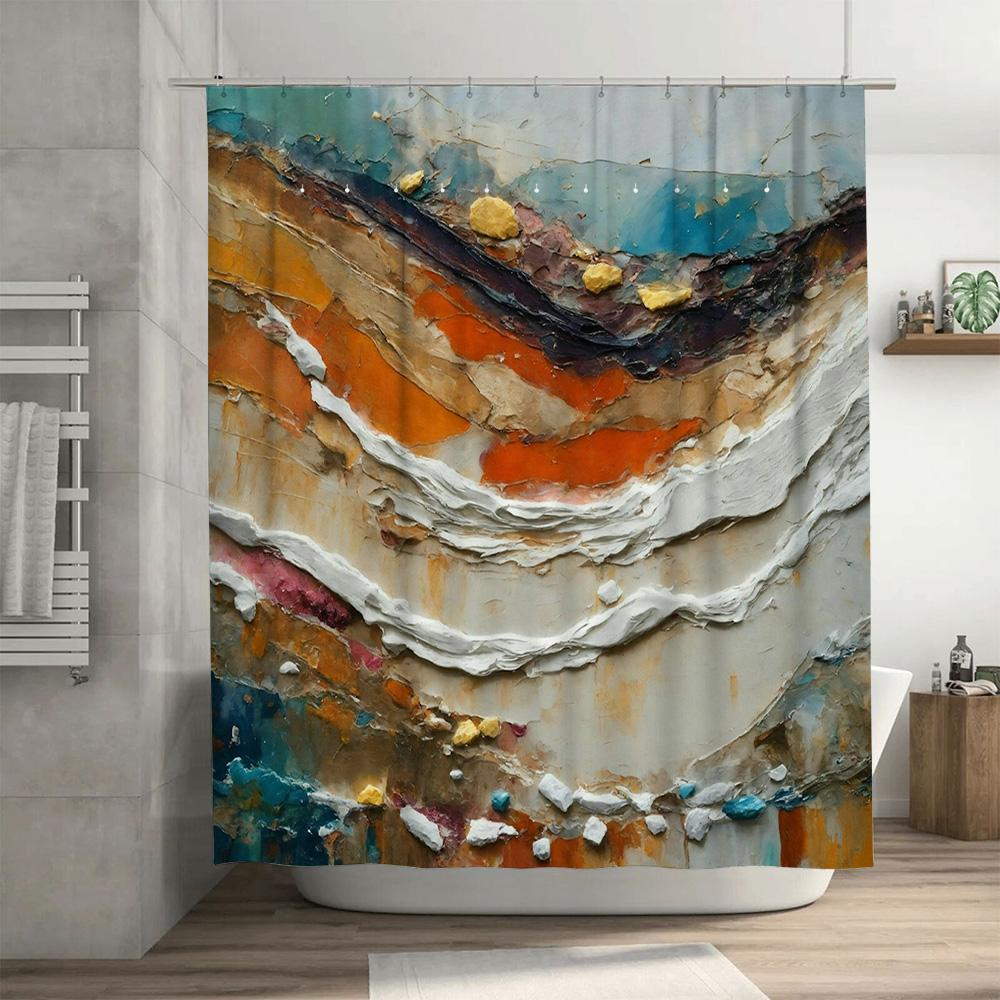 Modern Bathroom Shower Curtain Set Extra Long Size Art Print with Toned Layering Effect In Cream, Orange, Blue Gold Colors for H