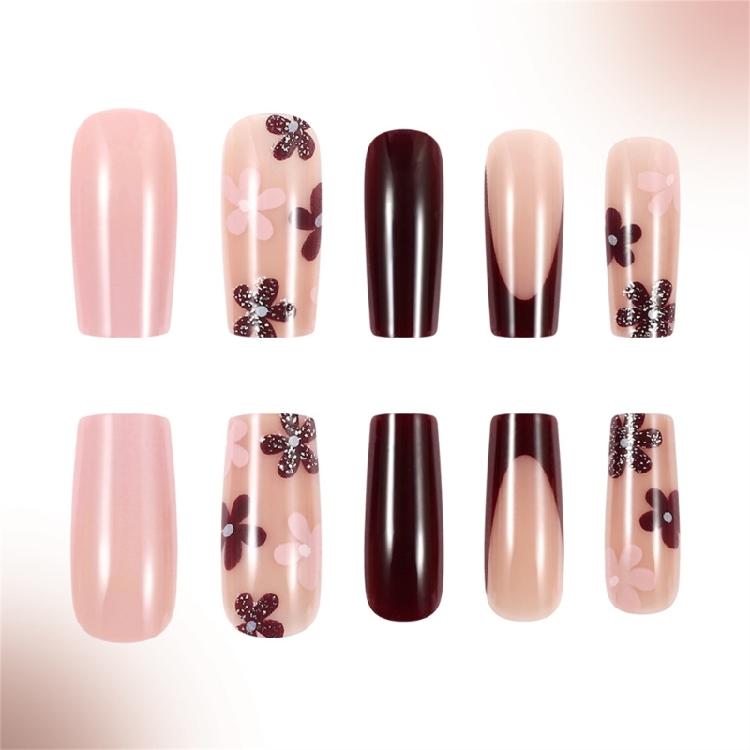24x Sweet Full Cover False Nail Flower Press On Nail Medium Square Stick on Nail Acrylic Nail for Valentines Day