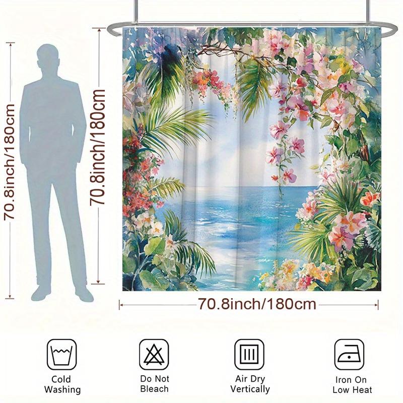Tropical Beach Shower Curtain - Vibrant Floral & Ocean Scene, Polyester,  Washable & Durable, Tropical Bathroom Decor