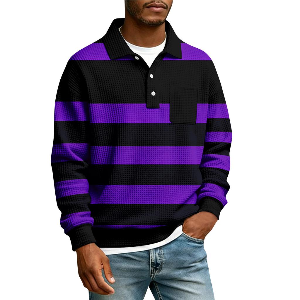 Men's Striped Single Breasted Long Sleeved Shirt With Collar And Pockets Casual Sports T-shirt