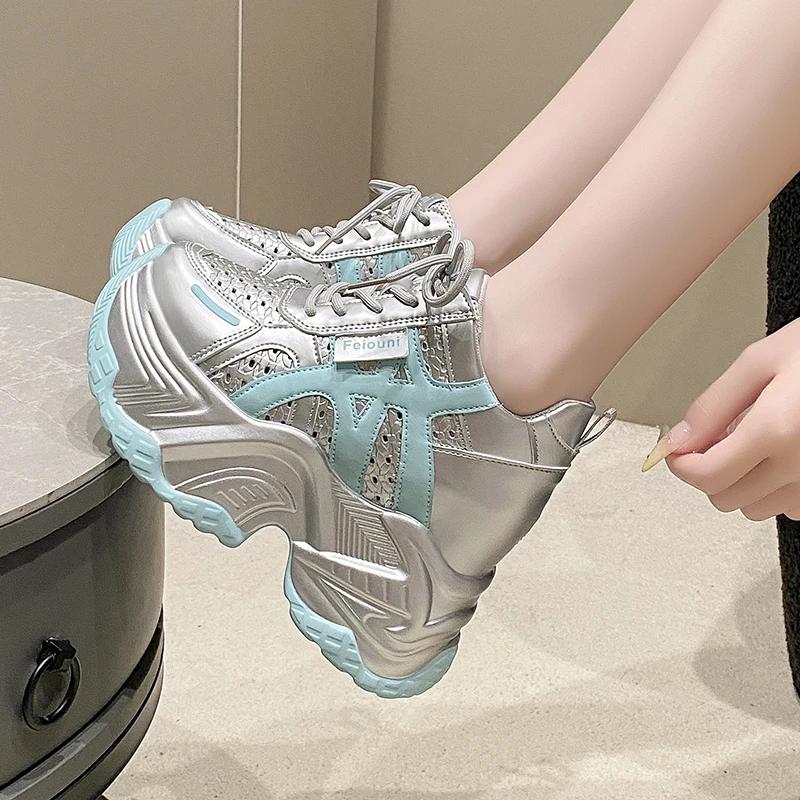 Fashion 10CM New Chunky Leather Sneakers Summer Casual Vulcanized Shoes Woman High Platform Breathable Air Mesh Sneakers Sport Dad Shoes