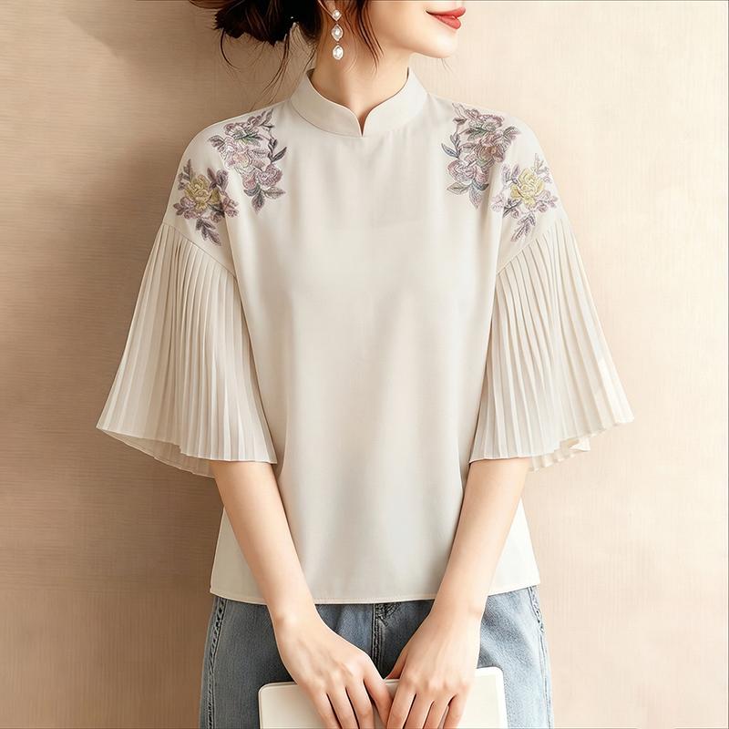 ZANZEA Women Casual Stand Collar Loose Pleated 3/4 Sleeve Print Blouse