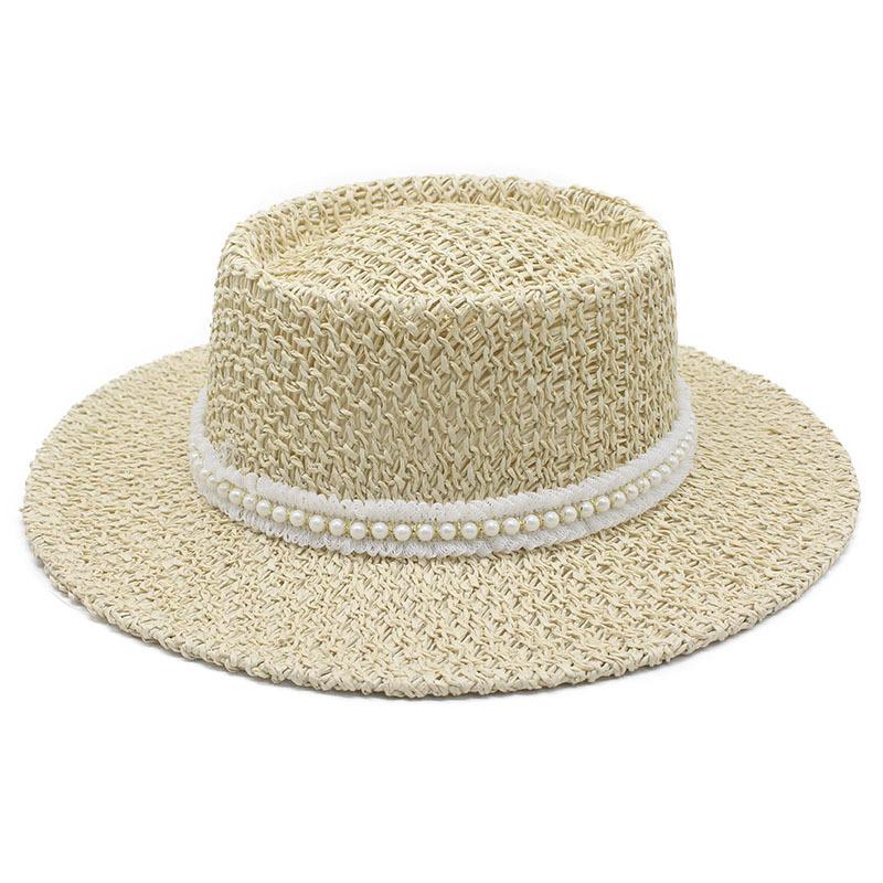 New Hand-woven Concave Convex Top Pearl Straw Women's Beach Sunshade Sunscreen Shows Small Temperament Straw Hat Tide