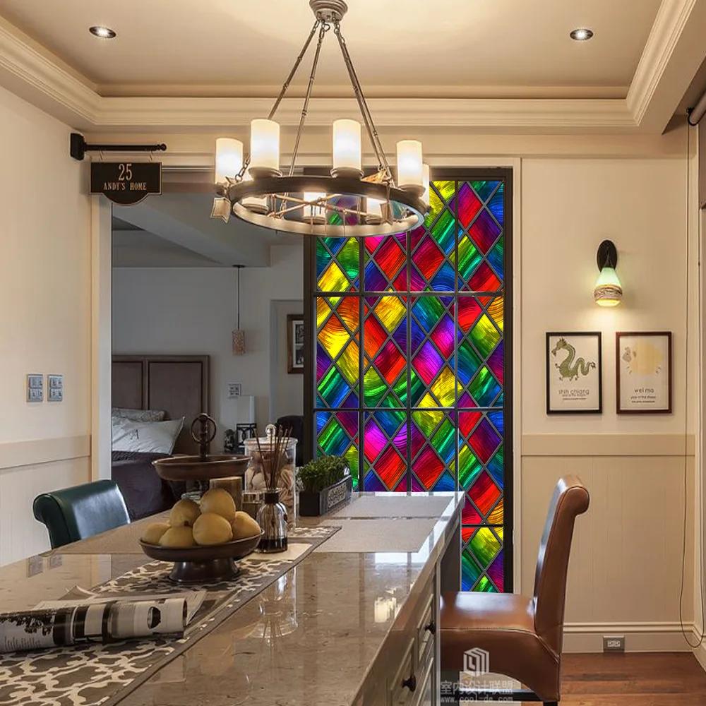 Colorful Stained Glass Window Film Retro Flowers Pattern Non-adhesive Window Decals Static Clings Non-Adhesive Window Stickers