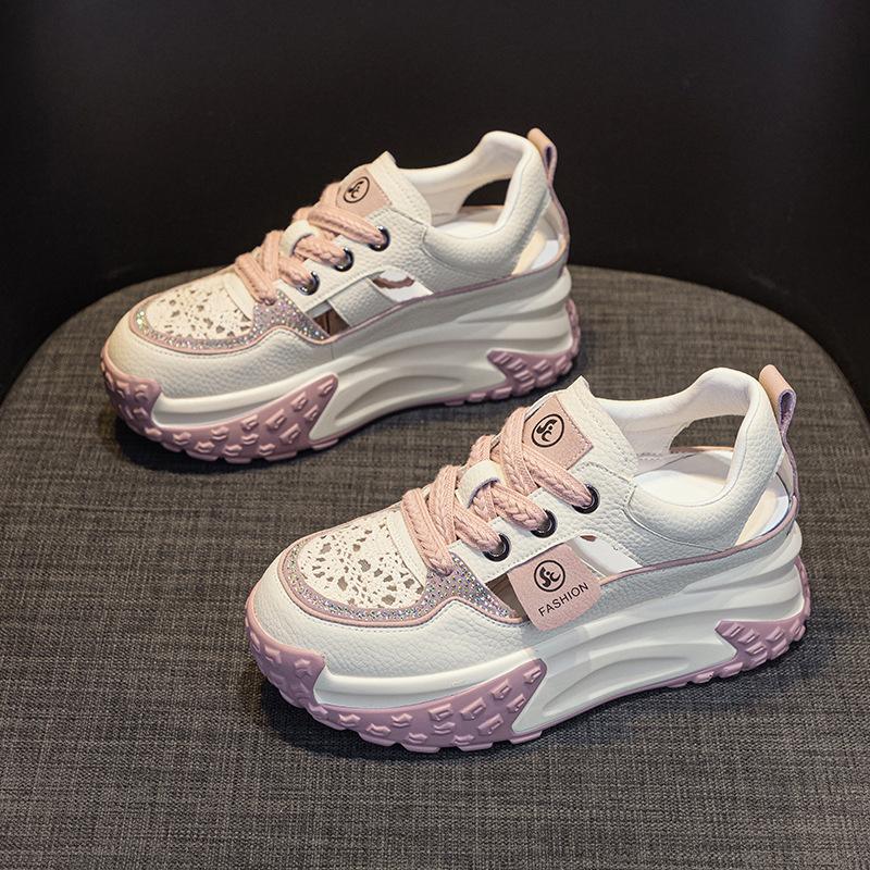 Leather Hollow Dad Shoes Women's Summer 2025 New Retro Lightweight Inner Height Increase Casual Sports Shoes Platform Sandals