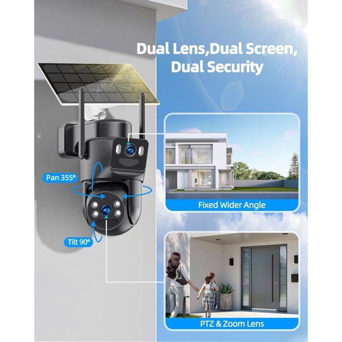 Caméra de Surveillance Extérieure WiFi 8MP 4K - Double Objectif, Vision Nocturne Couleur, Panneau Solaire, 360°, Audio…