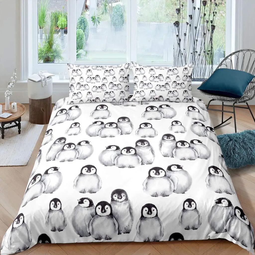 Comforter Penguin Comforter Kawaii Animal Print Black White Little Penguin Blue Iceberg Antarctica Winter Bedding Set