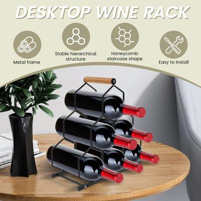 Creative Honeycomb Design Wine Storage Rack Easy Install 3 Tier Countertop Metal Wine Bottle Display Holder with Wooden Handle