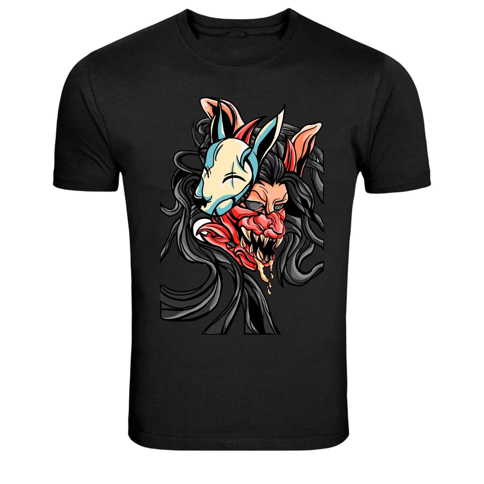 Japanese Demon Mask Oni Graphic T-Shirt Dark Samurai Tee S