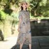 High-end Improved Cotton and Linen Dress Women's 2025 New Summer Foreign Style Short-sleeved Printed Medium and Long Dress
