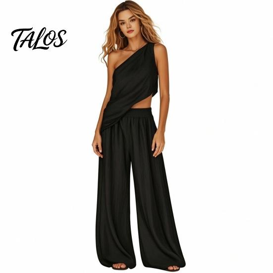 Talos Baumwoll-Leinen 2-teilige Sets für Damen, Ein-Schulter-Ärmelloses Oberteil mit Weitbeiniger Hose Passendes Set, Sommerurlaub Lounge Outfits