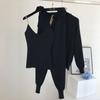 Women 3pcs/set Outfits Knitted Sweater Suit Casual Chain Vest Knitted Jacket + Elastic Pants Three-piece Sets
