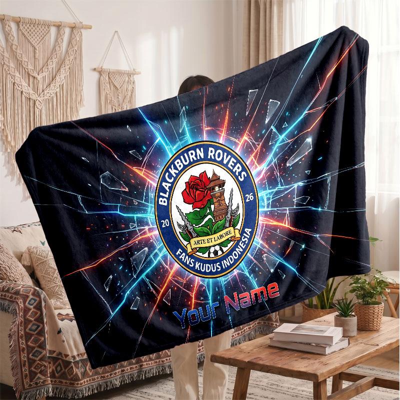 Blackburn Rovers FC Personalized Fleece Blanket With Football Logo, Custom Name Text Soft Warm Home Throw Blanket