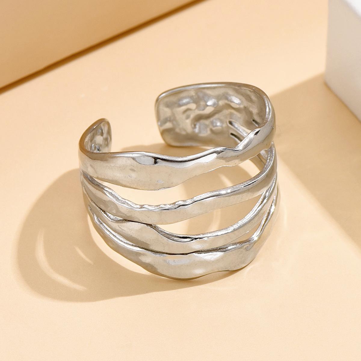 Retro Baroque Irregular Hammered Stainless Steel Open Ring for Women