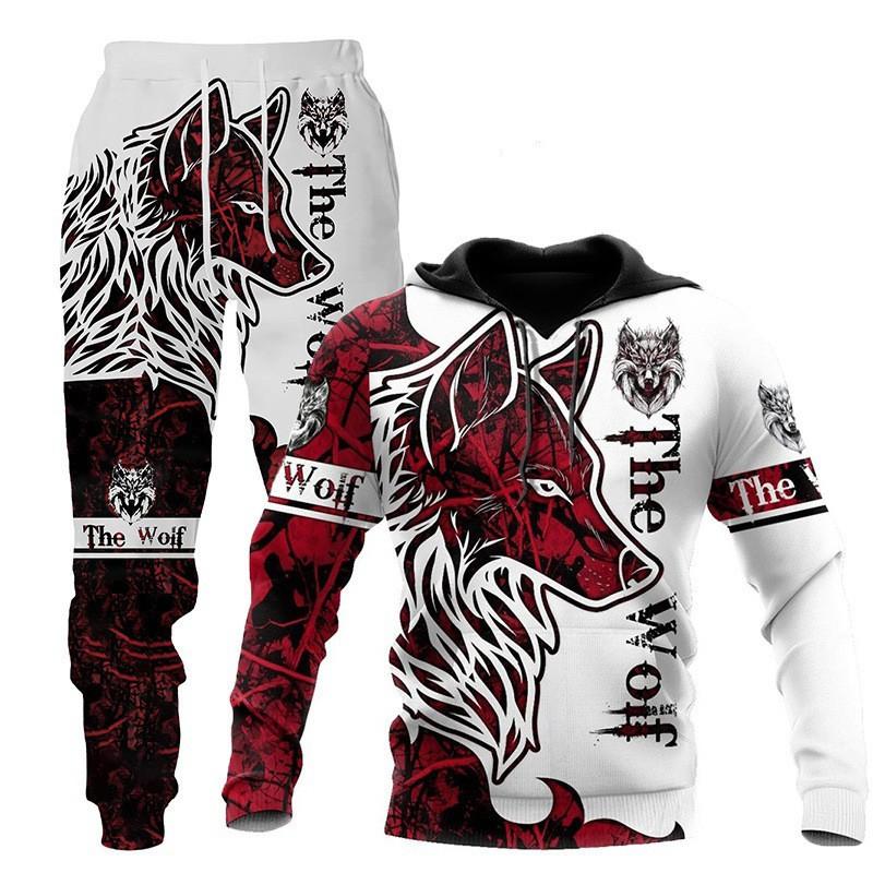 Mens Hooded Sweatshirt Set Wolf 3D Print Long Sleeve Tracksuit Streetwear Casual Fall Winter