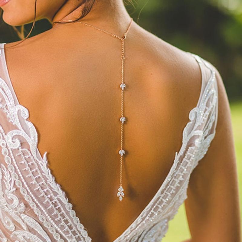 Rhinestones Bridal Back Chain Necklace Long Drop for Women Bride Ladies Body Chain Wedding Dress Body Jewelry Accessory