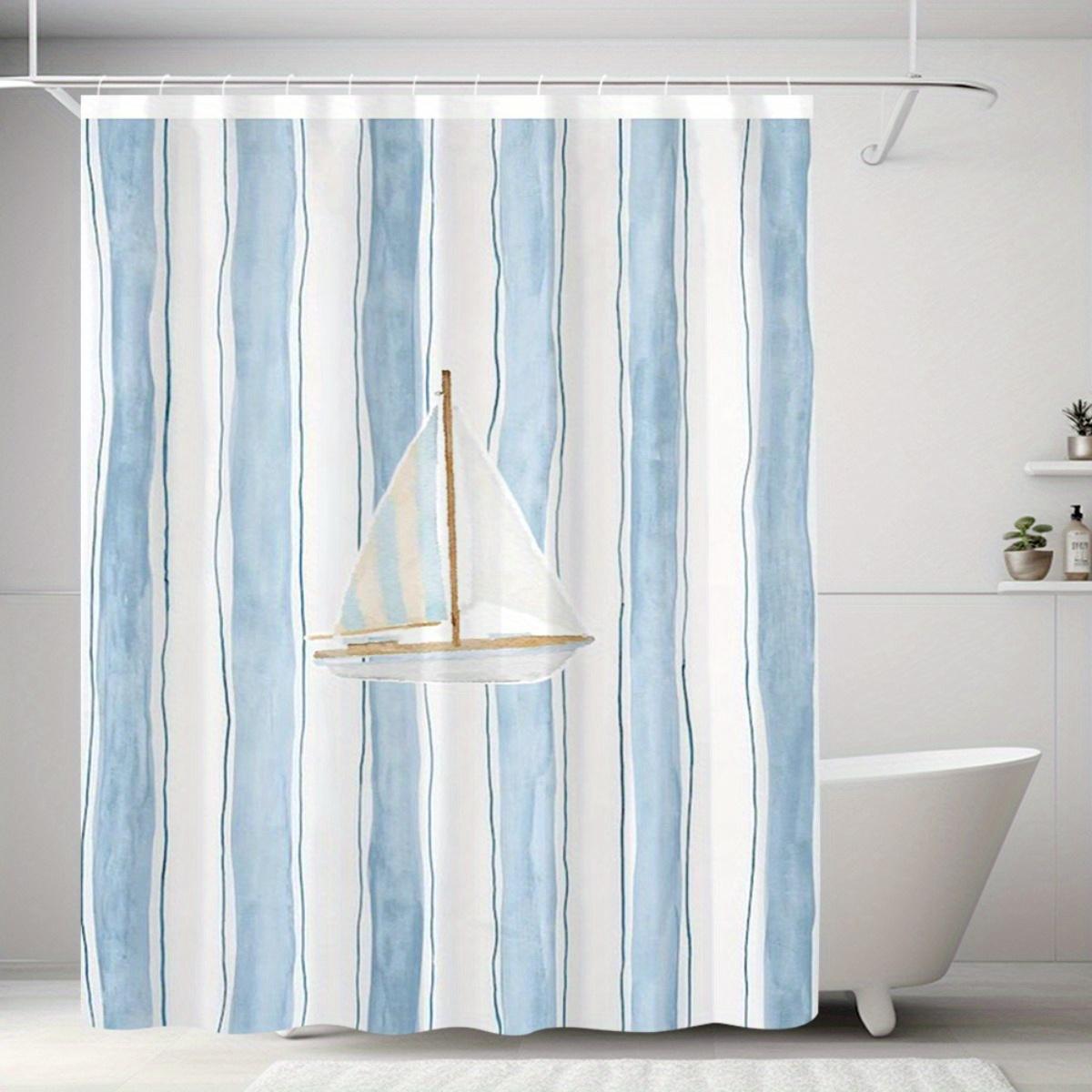 Annier Blue 1Pc Coastal Striped Sailboat Pattern Shower Curtain, Machine Washable Polyester, Suitable For Bathroom Dcor.