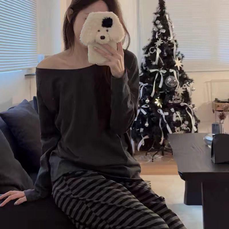 

Women s Dark Grey Striped Wide-Leg Trousers - Relaxed Fit, Elastic Waist, Drawstring, Spring 2025 Default Option