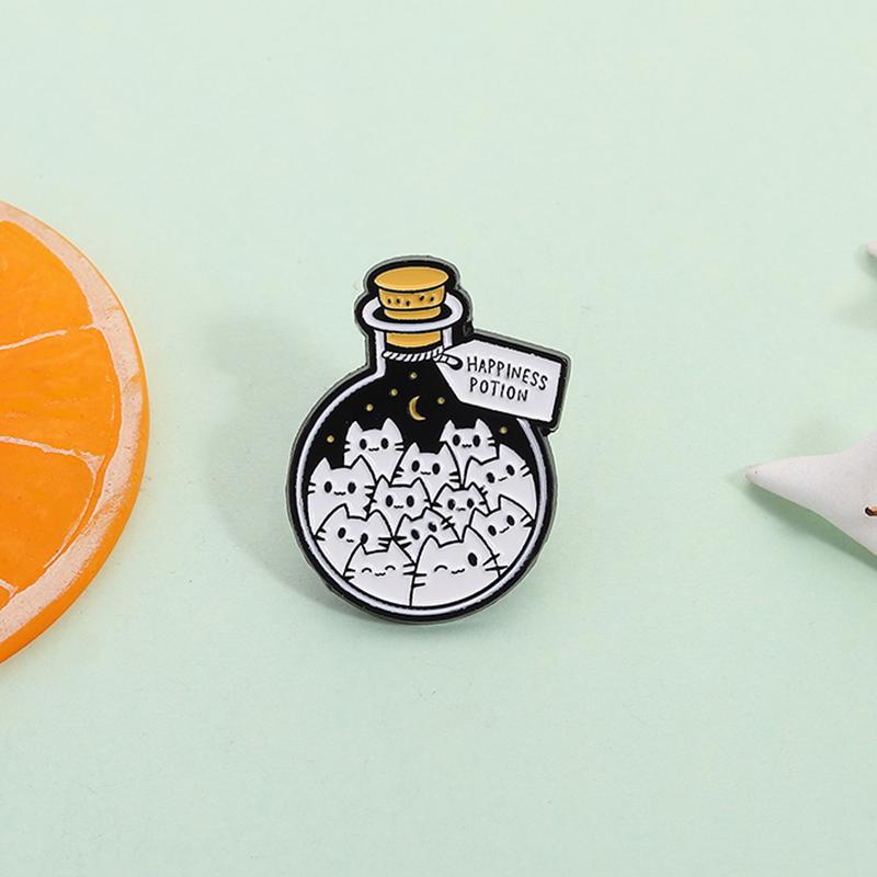 Cartoon Cat Happiness Potion Enamel Pin, Cat Lover Metal Brooch, Lapel Backpack Badge, Creative Jewelry Gift