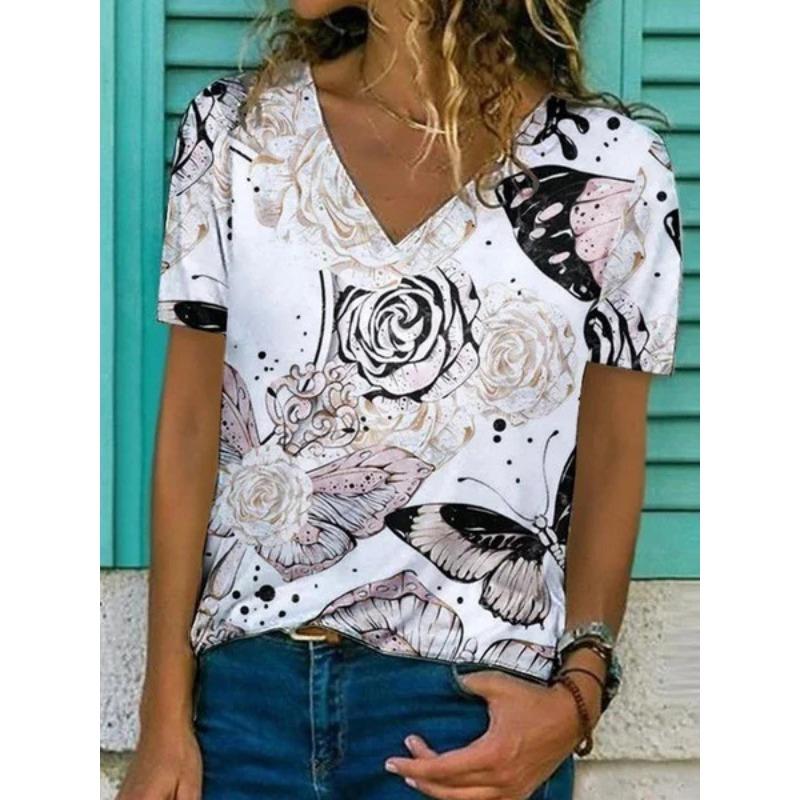 Damen Retro V-Ausschnitt Kurzarm T-Shirt, Nische Sommer Casual Locker T-Shirt