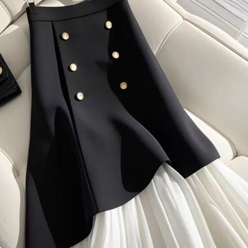 Saia de Chiffon Estilo Ocidental de Alta Qualidade Francesa Costura Irregular Saia Plissada Nova Saia Primavera e Verão Saia de Comprimento Médio com Botões