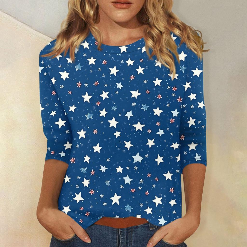 Dámské módní ležérní tričko s kulatým výstřihem a 3/4 rukávy volného střihu s potiskem Dne nezávislosti dámský top