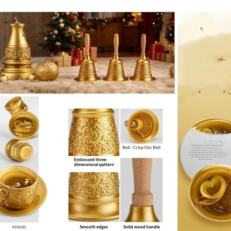 Christmas Iron Hand Bell Red Gold Embossed Pattern Wooden Handle for Holiday Gift Giving Restaurant Call Bell