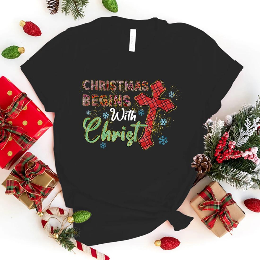 

Горячая футболка с надписью «Рождество начинается с Христа» с принтом, женская модная футболка с коротким рукавом, повседневная, летняя футболка для улицы XXXL чёрный