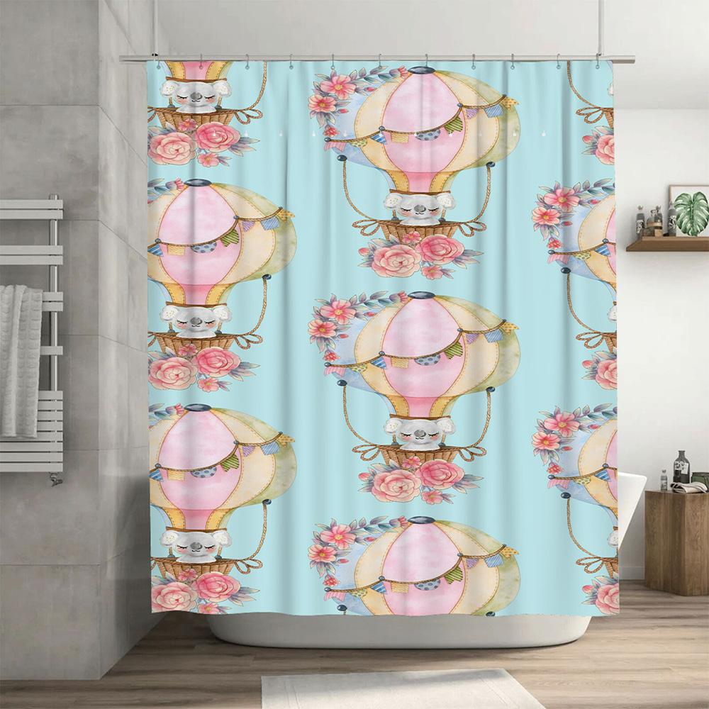 Fashion Girl's Bath Mat Decorative Waterproof Non-Slip Bathroom Rug with Flower Pattern Pink Blue Shower Curtain Set for Home De