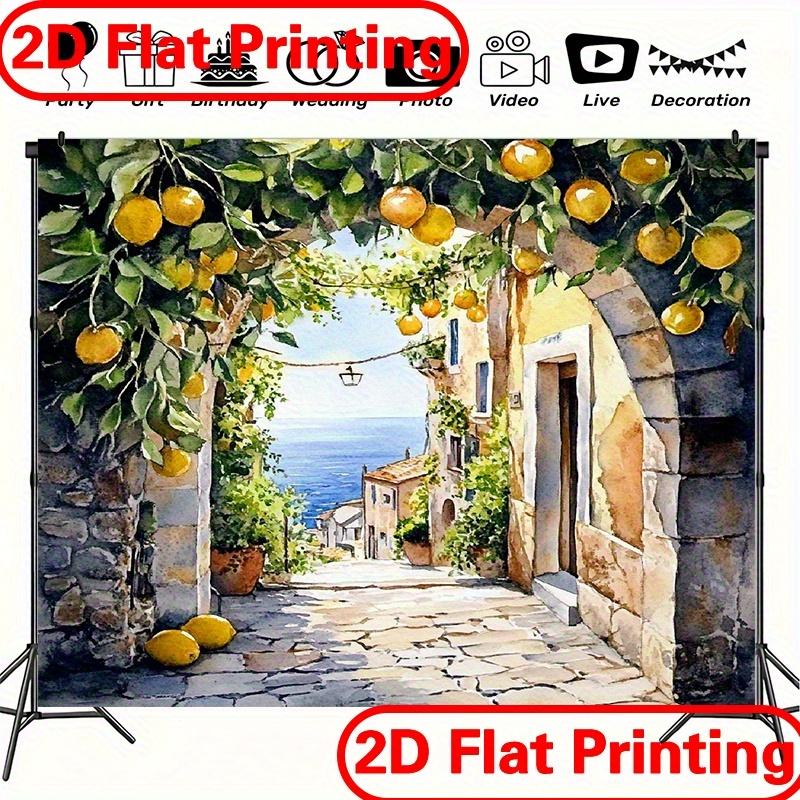 Artistic impression of Italian village watercolor style with lemon trees and arched door for living room and bedroom