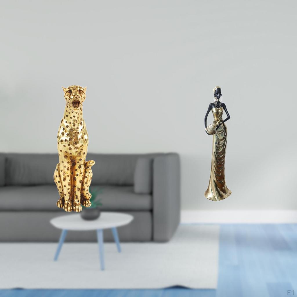 Golden Tribal Cheetah Lady Figurine Sculpture Decorative Tabletop Centerpiece Vintage Art Ornament