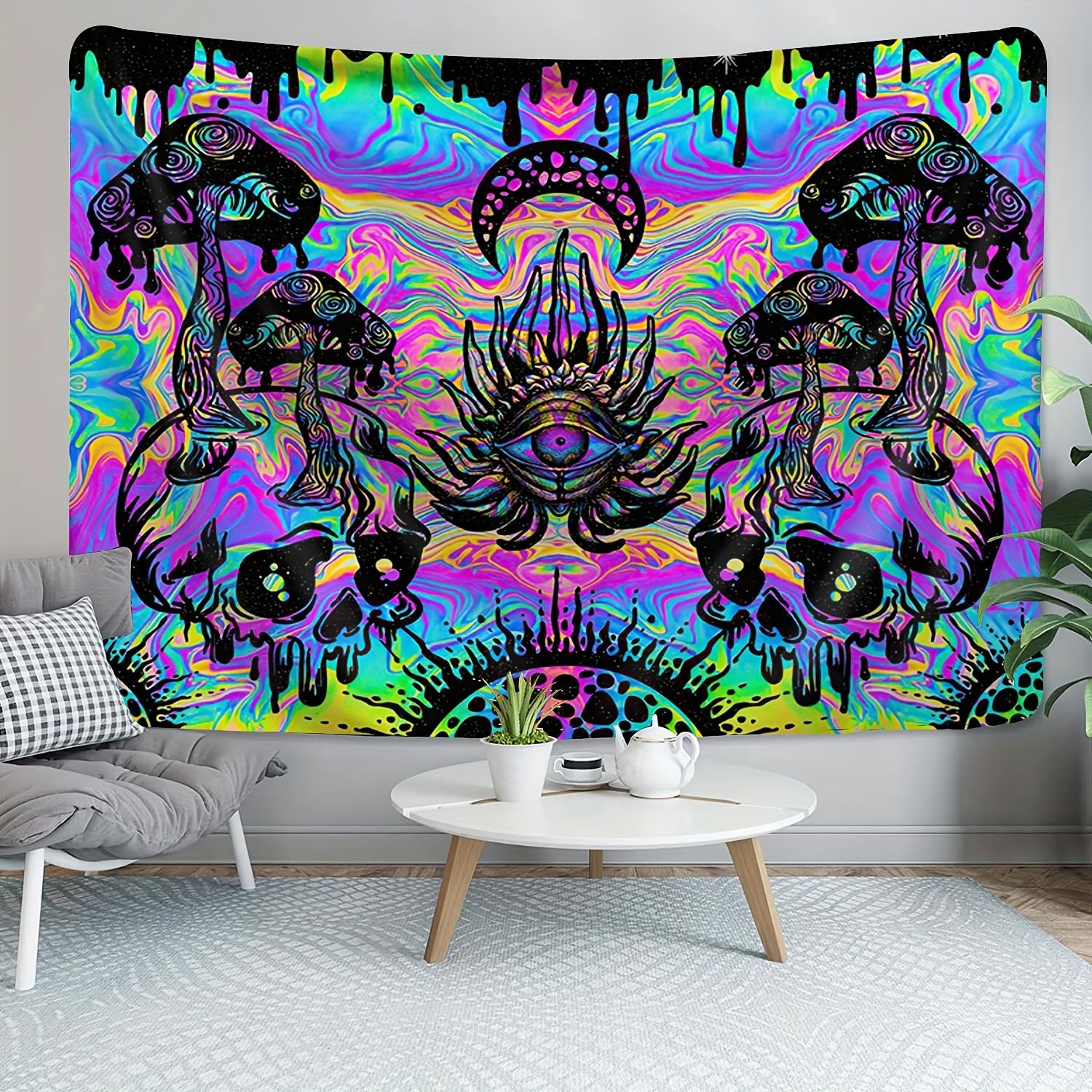 Psychedelic Skull Mushroom Tapestry All-Seeing Eye Neon Gradient Music Party Room Theme Trendy Room Decor 100X70CM
