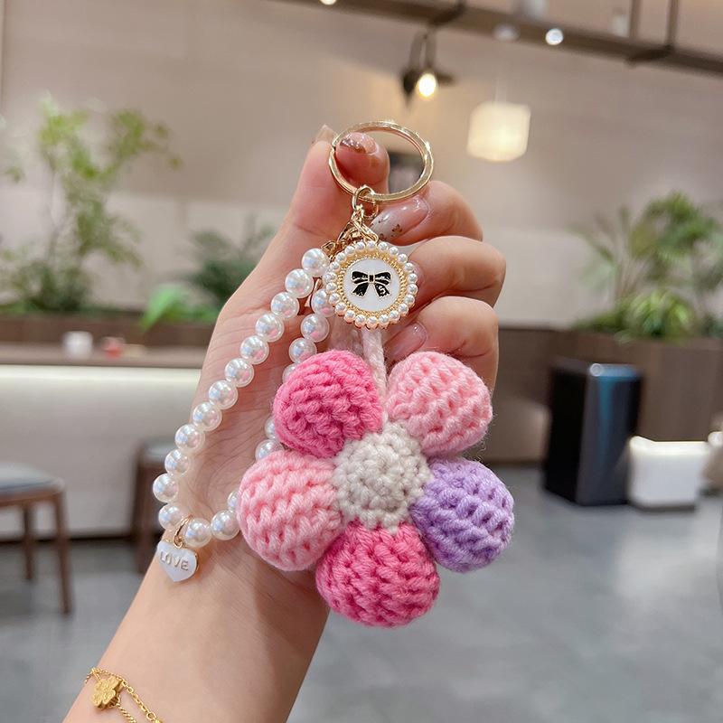 Handmade Crochet Flower Keychain Set, Colorful Knit Flower Bag Charm with Pearl Strap,Crochet Flower Keychain, Pearl Strap Charm