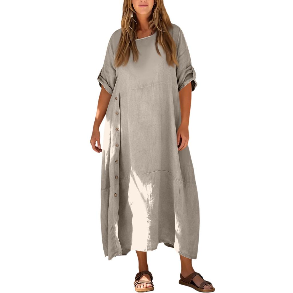 Women's Casual Loose Fit Short Sleeve Long Length Cotton Linen Split Dress