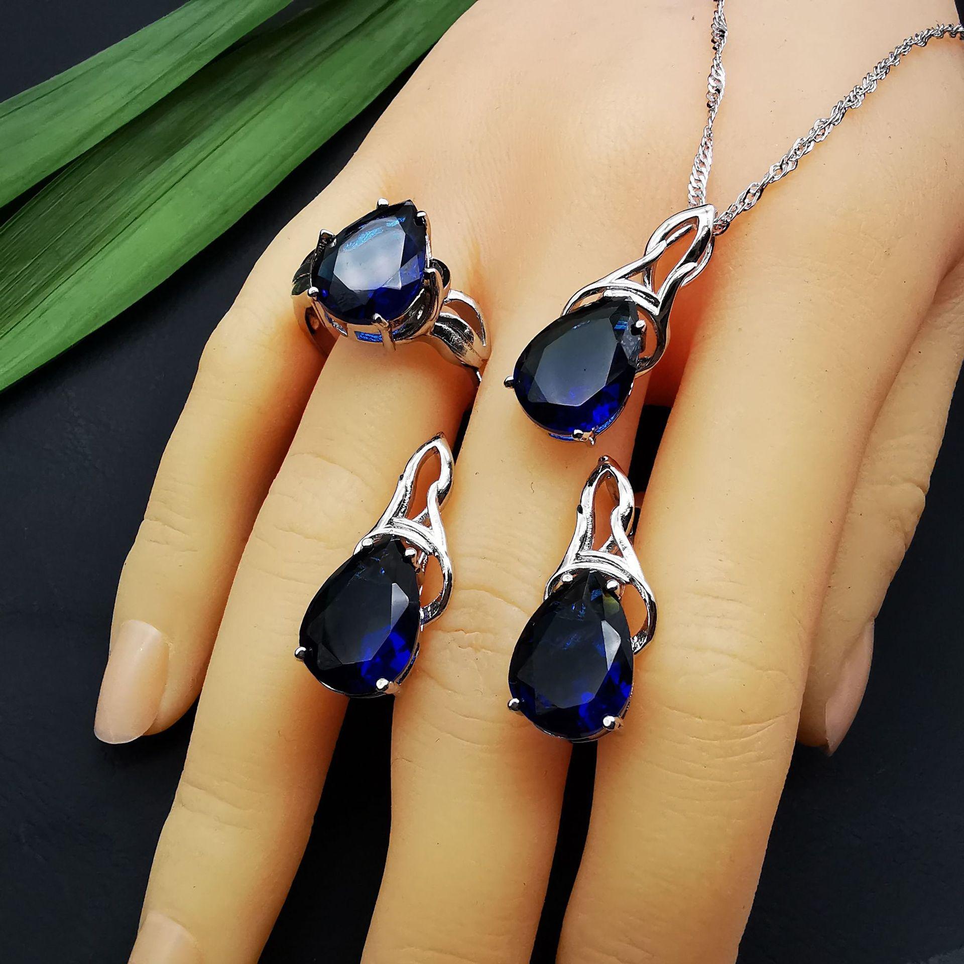 

Комплект ювелирных изделий AAA Циркон Бриллиантовый инкрустированный драгоценный камень Ожерелье Серьги Кольцо Size 9