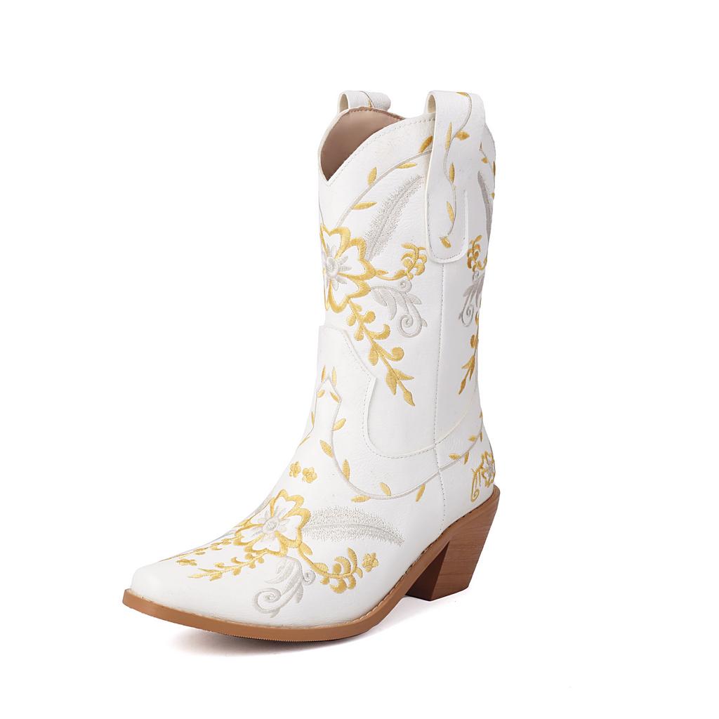 Fashion IPPEUM Cowboy Boots For Women Brown Ankel Block Heel Embroider Silver Pu Leather Plush Size 35-46 Western Cowgirl Shoes