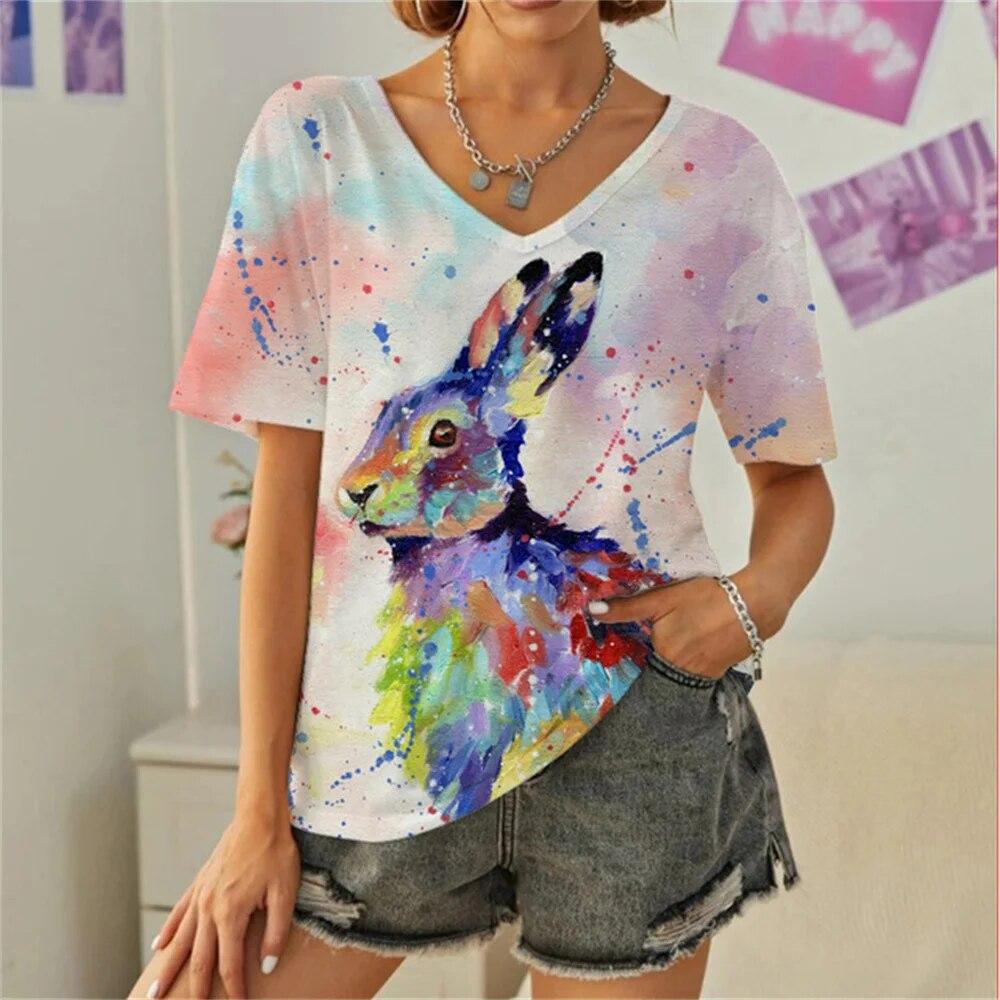 Everyday Versatile Little White Rabbit 3D Print Casual Women T Shirt 2023 Summer Cartoon Short Sleeved Fashion Loose Ladies Top