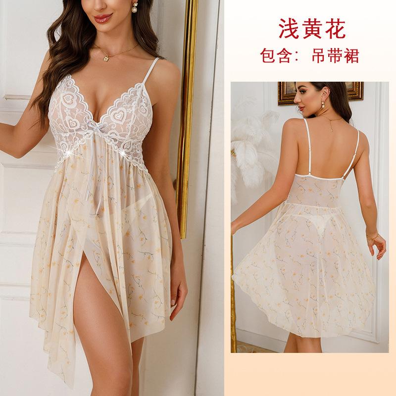 Multi-Style Sexy Lace Mesh Nightgown Deep V High Slit Print Cami Pajamas Women's Loungewear Versatile Seductive Sleepwear Collection with Diverse