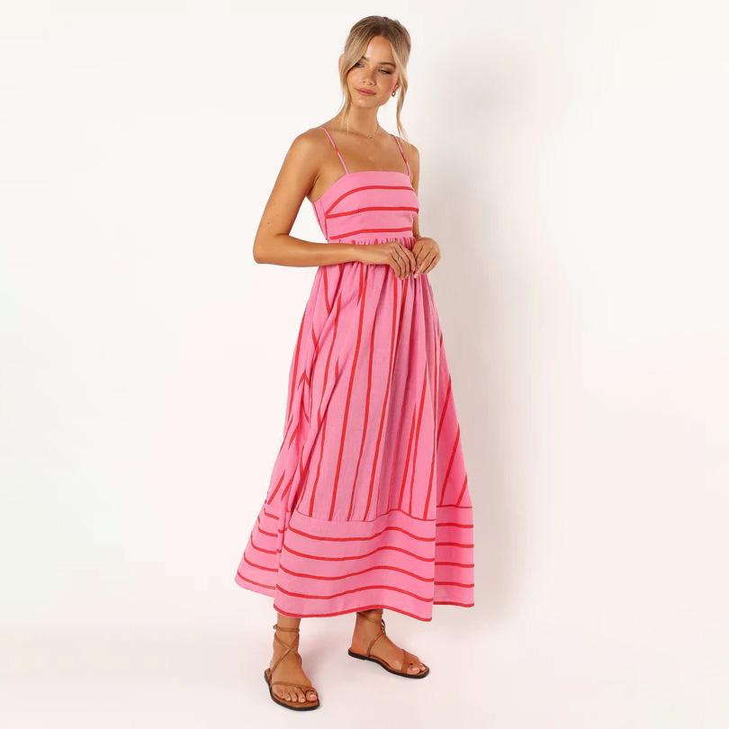 Women Spring Sleeveless Striped Slim Suspender Camisole Dress Summer Casual Ankle-Length Backless High Waist Loose Dresses S-XL