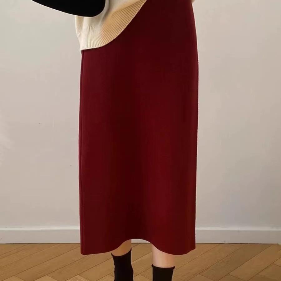 Plush Cherry Red Knitted Skirt for Women In Autumn and Winter High Waist Straight Long Skirt Draped A-line Hip-pack Skirt