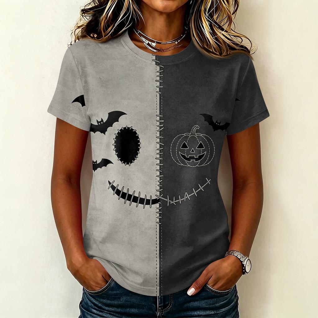 Women Casual Short Sleeve Pullover T Shirt Halloween Print Top Crew Neck Stitch Design Lightweight Soft Fabric Relaxed Fit