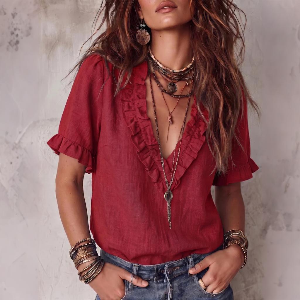 Women's Casual V Neck Pleated Blouse Short Sleeve Lightweight Relaxed Fit Top for Everyday Wear Summer Fashion