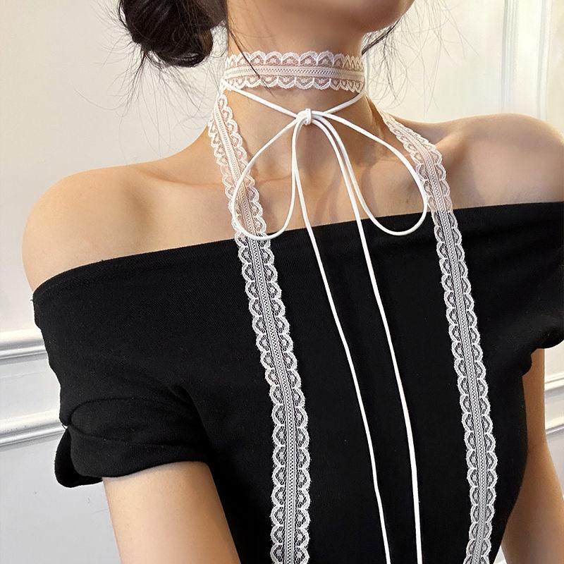 Atmosphere Lace Ribbon Scarf Choker, Long Streamer Stackable Clavicle Neck Tie Accessory