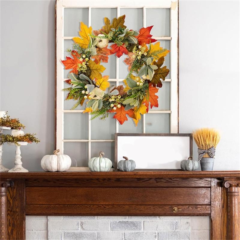 Artificial Wreath with Pumpkins Thanksgiving Wreath for Front Door, Window, Farmhouses, Indoor and Outdoor Decorations