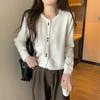 Soft Sweet Style Short Lace-Trimmed Crew Neck Long-Sleeve Knit Sweater Cardigan Jacket for Outer Wear