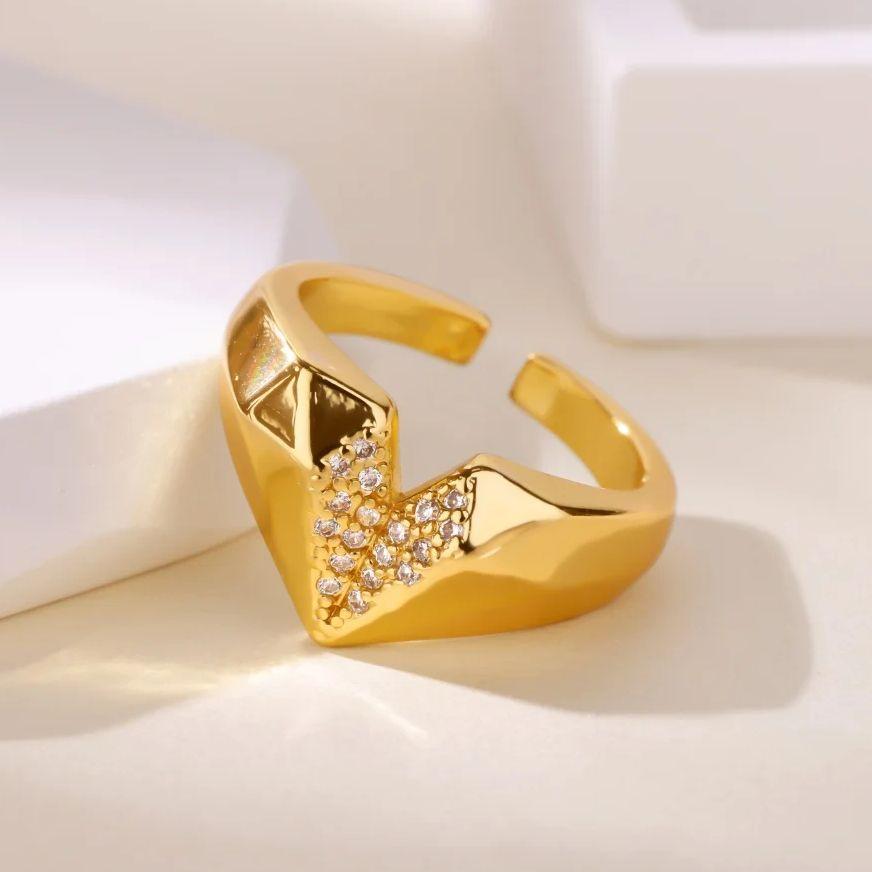 Zircon Geometric Heart Rings For Women Gold Color Stainless Steel Heart Couple Ring  Aesthetic Wedding Christmas Jewelry
