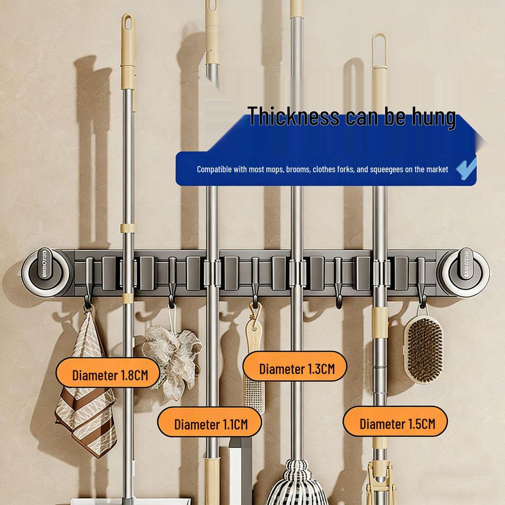 Movable Suction Cup Mop Clip Wall-Mount Storage Rack